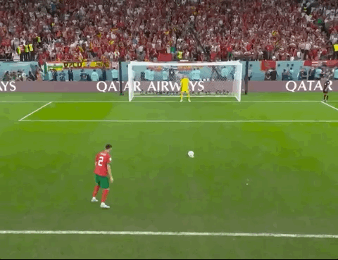 Animated Gif showing: World Cup 2022 - Morocco vs Spain 0-0 (3-0): Achraf Hakimi's Penalty Goal With His Penguin Dance