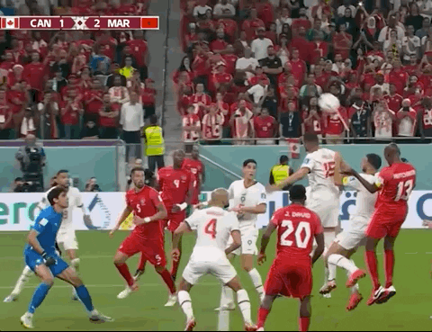 Animated Gif showing: World Cup 2022 - Canada vs Morocco 1-2: Hutchinson's Header