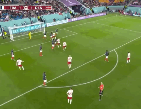 Animated Gif showing: World Cup 2022 - France vs Denmark 2-1: Andreas Christensen's First Goal