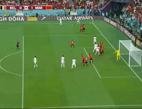 Animated Gif showing: World Cup 2022 - Belgium vs Morocco 0-2: Romain Saïss's Goal (Abdelhamid Sabiri's Free-Kick)
