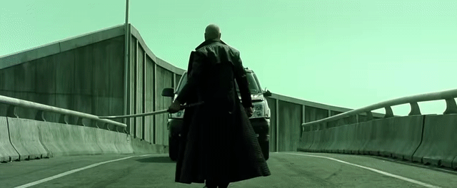 Animated Gif showing: Morpheus vs Twins - Sword Scene - Matrix Reloaded