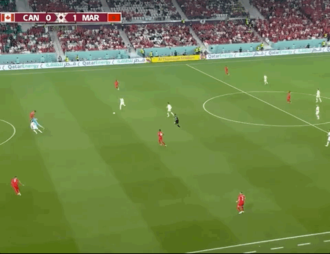 Animated Gif showing: World Cup 2022 - Canada vs Morocco 1-2: Hakim Ziyech's Goal
