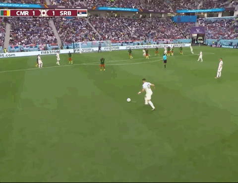 Animated Gif showing: World Cup 2022 - Cameroon vs Serbia 3-3: Strahinja Pavlović's Goal
