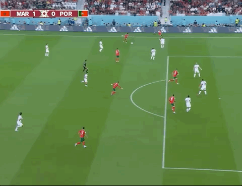 Animated Gif showing: World Cup 2022 - Morocco vs Portugal 1-0: Youssef En-Nesyri's Goal