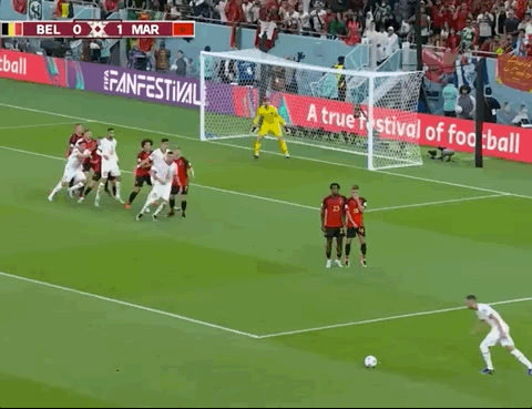 Animated Gif showing: World Cup 2022 - Belgium vs Morocco 0-2: Hakim Ziyech's Disallowed Goal