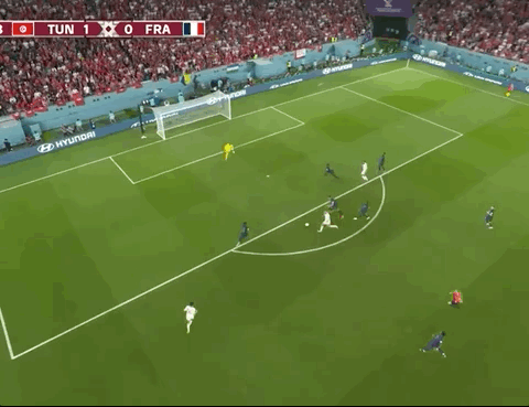 Animated Gif showing: World Cup 2022 - Tunisia vs France 1-0: Wahbi Khazri's Goal