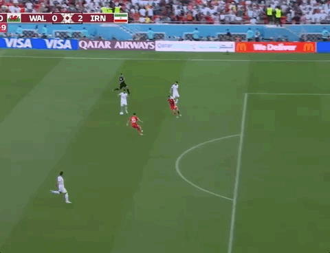 Animated Gif showing: World Cup 2022 - Wales vs Iran 0-2: Rouzbeh Cheshmi's Goal