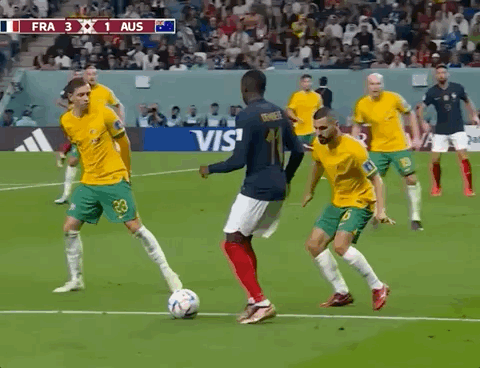 Animated Gif showing: World Cup 2022 - France vs Australia 4-1: Kylian Mbappé's Goal