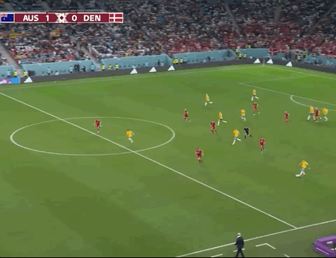 Animated Gif showing: World Cup 2022 - Australia vs Denmark 1-0: Mathew Leckie's Qualification Goal
