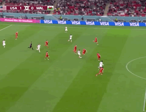 Animated Gif showing: World Cup 2022 - USA vs Wales 1-1: Timothy Weah's Goal